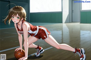 A girl in a red and white uniform holding a basketball.