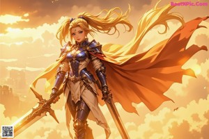 A woman in armor holding a sword in front of a cloudy sky.