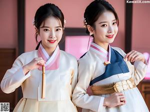 A couple of young women dressed in traditional Korean clothing.