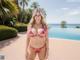 A woman in a bikini standing next to a swimming pool.